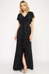 Cargar imagen en el visor de la galería, LAF8376 Wholesale Mother of the Bride Long Evening Gown with V-Neck Flutter Sleeves &amp; Slit - BLACK - Mother of the Bride Dress LAF