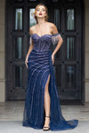 Load image into Gallery viewer, Off Shoulder Beaded Corset Slit Evening Dress By LA Merchandise LAF8457 - Navy Blue - Long Formal Dresses LAF