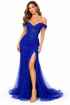 Load image into Gallery viewer, LAHTL3043C Wholesale Off-Shoulder Beaded Corset with Sheer Boned Bodice Fringe Sleeves &amp; Slit - ROYAL - Long Formal Dress LAH