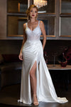 Cargar imagen en el visor de la galería, LAF8478 Wholesale Off-White Satin Corset Wedding Dress with Beaded Bodice High Slit &amp; Train - OFF-WHITE - Wedding Dress LAF