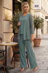 Load image into Gallery viewer, Plus Size Lace Jacket Formal Pant Suit for Mother of the Bride - LA Merchandise LAV3455 - Eucalyptus - Pant Suit LAV