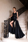 Cargar imagen en el visor de la galería, LAF8478 Wholesale Beaded Corset Satin Prom Evening Gown with High Slit &amp; Side Drape Train - BLACK - Long Prom Dress LAF