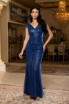 Cargar imagen en el visor de la galería, Wholesale V-Neck Cap Sleeve Fully Sequined Column Prom Evening Gown with Sweep Train by LA8269 - MIDNIGTHBLUE - Dresses LA Merchandise