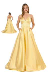 La Merchandise LAY8358 V-Neck Spaghetti Straps Long Simple A-Line Gown