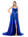 Cargar imagen en el visor de la galería, LAHL2861L Wholesale Long Satin Corset Prom Dress with Beaded Sheer Bodice Pockets &amp; Lace-Up Back - ROYAL - Long Formal Dress LAH