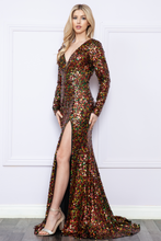 Load image into Gallery viewer, LA Merchandise LAY9010 Long Sleeve V-Neck Sequin Mermaid Dress - BLACK/GOLD - LA Merchandise