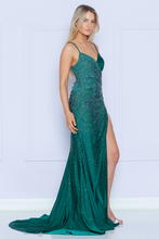 Load image into Gallery viewer, LA Merchandise LAY9144 Ruched V-Neck Rhinestone Evening Prom Gown - EMERALD - LA Merchandise