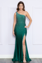 Load image into Gallery viewer, LA Merchandise LAY9146 Stretchy One Shoulder Rhinestone Formal Gown - EMERALD GREEN - LA Merchandise
