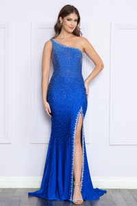 LA Merchandise LAY9146 Stretchy One Shoulder Rhinestone Formal Gown - ROYAL BLUE - LA Merchandise