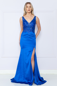 LA Merchandise LAY9162 Sleeveless Embroidered V-Neck Bodycon Prom Gown
