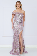 Load image into Gallery viewer, LA Merchandise LAY9180 One Off-Shoulder Full Sequin Slit Evening Dress - LAVENDER - LA Merchandise