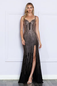 LA Merchandise LAY9266 Corset Rhinestone Lace-Up Back Slit Formal Gown - BLACK/ROSEGOLD - LA Merchandise