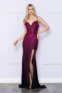 LA Merchandise LAY9266 Corset Rhinestone Lace-Up Back Slit Formal Gown - BLACK/HOTPINK - LA Merchandise
