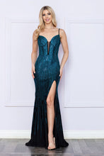 Load image into Gallery viewer, LA Merchandise LAY9266 Corset Rhinestone Lace-Up Back Slit Formal Gown - BLACK/TURQ - LA Merchandise