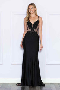 LA Merchandise LAY9274 V-neck Spaghetti Straps Rhinestones Prom Dress - BLACK/ROSE GOLD - LA Merchandise