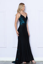 Load image into Gallery viewer, LA Merchandise LAY9274 V-neck Spaghetti Straps Rhinestones Prom Dress - BLACK/TURQUOISE - LA Merchandise