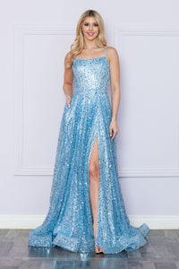 LA Merchandise LAY9290 Spaghetti Strap Sequin Lace-Up Evening Gown - BLUE - LA Merchandise