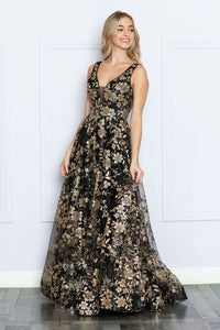 LA Merchandise LAY9298 A-Line Floral Long Formal Glitter Mesh Gown - BLACK/ROSEGOLD - LA Merchandise