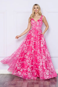 LA Merchandise LAY9298 A-Line Floral Long Formal Glitter Mesh Gown - HOTPINK/WHITE - LA Merchandise