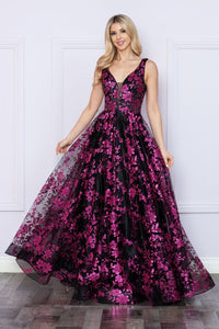 LA Merchandise LAY9298 A-Line Floral Long Formal Glitter Mesh Gown - BLACK/MAGENTA - LA Merchandise