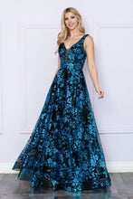 Load image into Gallery viewer, LA Merchandise LAY9298 A-Line Floral Long Formal Glitter Mesh Gown - BLACK/TURQ - LA Merchandise