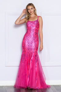 LA Merchandise LAY9306 Glitter Mermaid Mesh Open Back Formal Prom Gown - HOT PINK - LA Merchandise