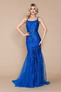 LA Merchandise LAY9306 Glitter Mermaid Mesh Open Back Formal Prom Gown - ROYAL - LA Merchandise