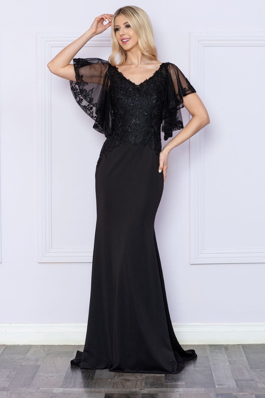 LA Merchandise LAY9318 Embroidered V Neck Long Formal Dress - BLACK - LA Merchandise
