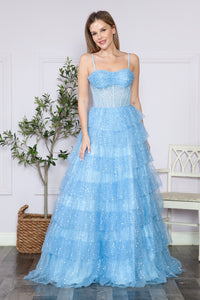 LA Merchandise LAY9328 Spaghetti Straps Ruffles A-line Prom Dress - BLUE - LA Merchandise