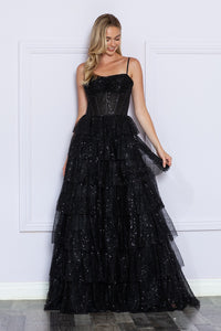 LA Merchandise LAY9328 Spaghetti Straps Ruffles A-line Prom Dress - BLACK - LA Merchandise