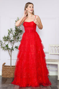 LA Merchandise LAY9328 Spaghetti Straps Ruffles A-line Prom Dress - RED - LA Merchandise