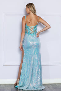 LA Merchandise LAY9340 Sheer Bodice Embellishment Sequins Formal Gown