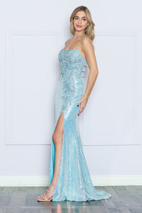 LA Merchandise LAY9344 Cut Out Back Sequins Slit Prom Formal Dress