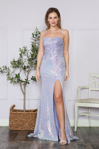LA Merchandise LAY9344 Cut Out Back Sequins Slit Prom Formal Dress