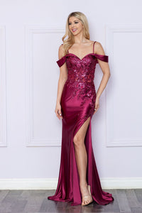 LA Merchandise LAY9350 Embroidered Off the Shoulder Sweetheart Formal Gown - CHERRY RED WINE - LA Merchandise