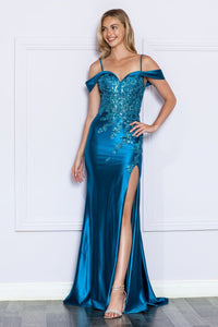 LA Merchandise LAY9350 Embroidered Off the Shoulder Sweetheart Formal Gown - TEAL - LA Merchandise