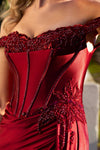 Load image into Gallery viewer, Wholesale Off-Shoulder Satin Corset Evening Gown with Beaded Lace Appliqué &amp; High Slit by LAF8496