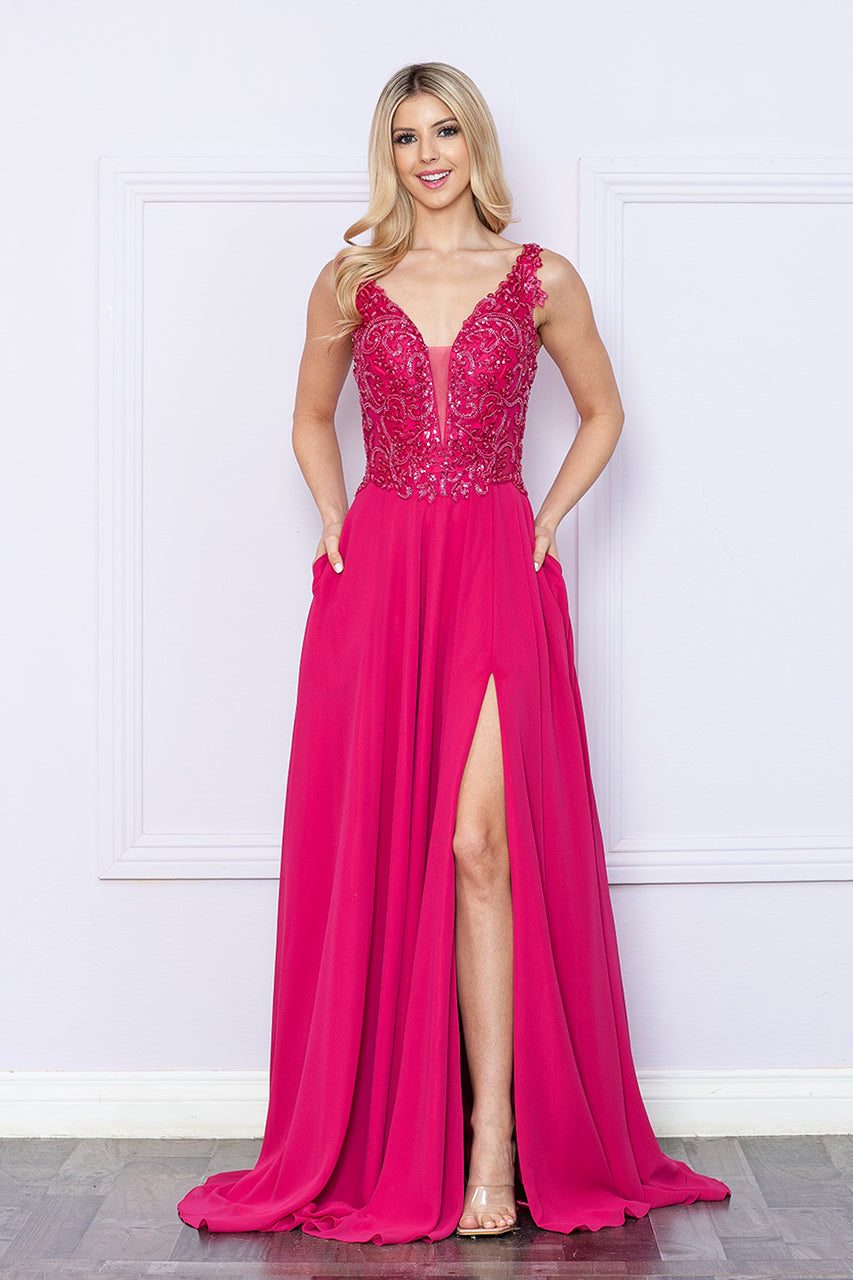 La Merchandise LAY9366 Lace Applique A-line Chiffon Formal Dress - MAGENTA - LA Merchandise