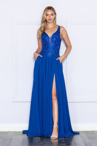 La Merchandise LAY9366 Lace Applique A-line Chiffon Formal Dress - ROYAL BLUE - LA Merchandise