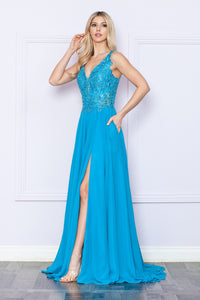 La Merchandise LAY9366 Lace Applique A-line Chiffon Formal Dress - TURQUOISE - LA Merchandise
