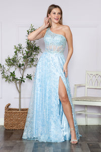 LA Merchandise LAY9372 One Shoulder See Through Corset Top Formal Gown - BLUE - LA Merchandise