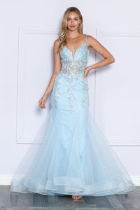 LA Merchandise LAY9374 3D Floral Applique Sheer Bodice Mermaid Gown