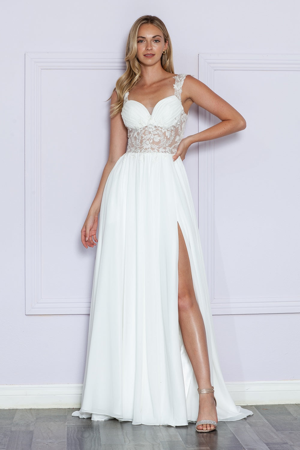 LA Merchandise LAY9376 Sheer Bodice Lace Applique Wedding A-line Dress - OFF WHITE - LA Merchandise