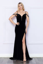Load image into Gallery viewer, LA Merchandise LAY9378 Velvet Cold Shoulder Beaded Long Evening Dress - BLACK - LA Merchandise