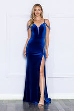 Load image into Gallery viewer, LA Merchandise LAY9378 Velvet Cold Shoulder Beaded Long Evening Dress - ROYAL - LA Merchandise