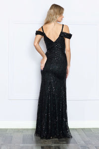 LA Merchandise LAY9384 Long Black V-Neck Sequined Side Slit Prom Gown - - LA Merchandise