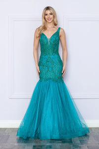 LA Merchandise LAY9388 Sleeveless Formal Mermaid Glitter Pageant Gown - TEAL - LA Merchandise