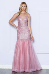 LA Merchandise LAY9388 Sleeveless Formal Mermaid Glitter Pageant Gown - ROSE GOLD - LA Merchandise