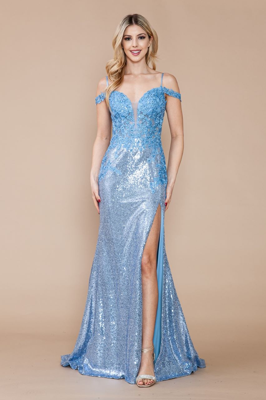 LA Merchandise LAY9398 Floral Sheer Sequin Long Embellished Prom Gown - BLUE - LA Merchandise