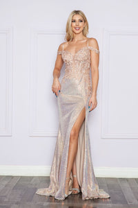 LA Merchandise LAY9398 Floral Sheer Sequin Long Embellished Prom Gown - ROSE GOLD - LA Merchandise